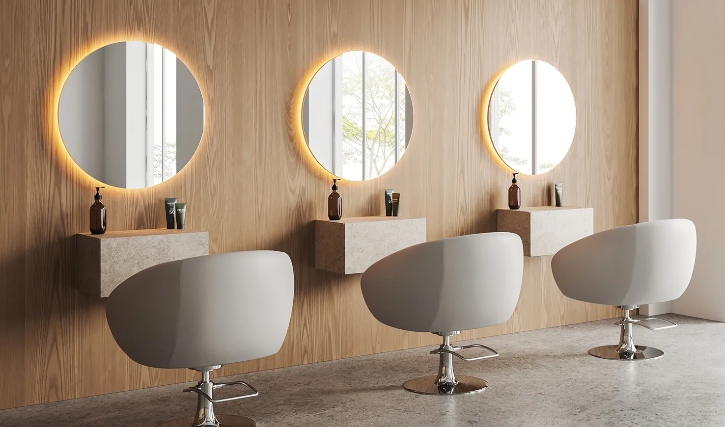 Cozy,Salon,Interior,With,Soft,Spinning,Armchairs,And,Round,Mirrors,